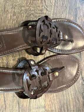 Tory Burch Dark Brown Leather Cutout Logo Thong Sandals